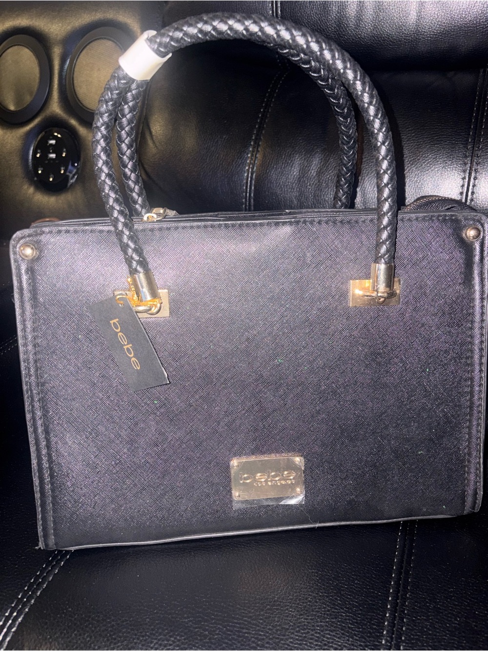 bebe Black Braided-Handle Structured Satchel with Gold Hardware